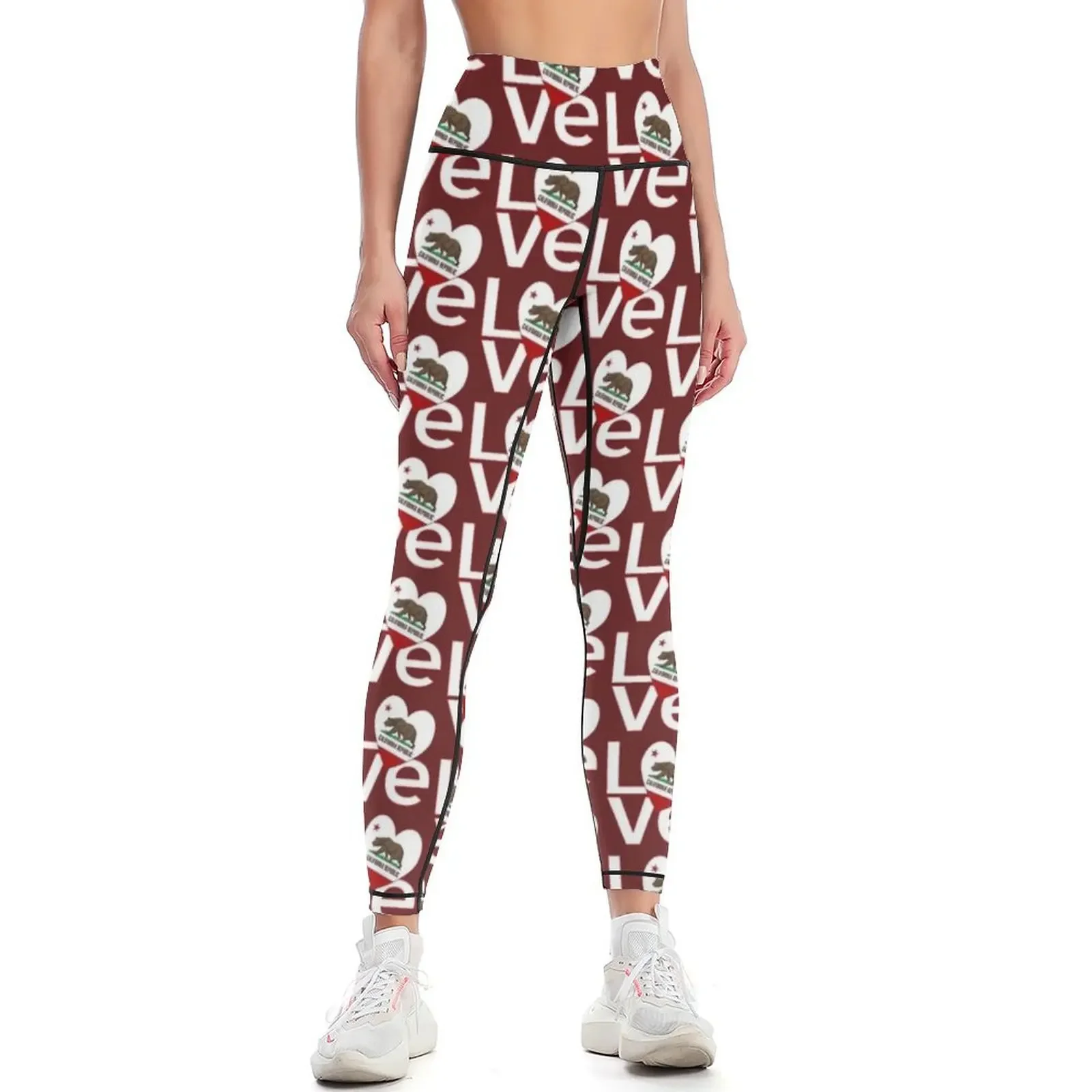 Yoga Fitness California - 赤と白のカリフォルニアLOVEレギンス、女性用ハイウエストスウェットパンツ、フィットネスアクティブウェア、女性用レギンス