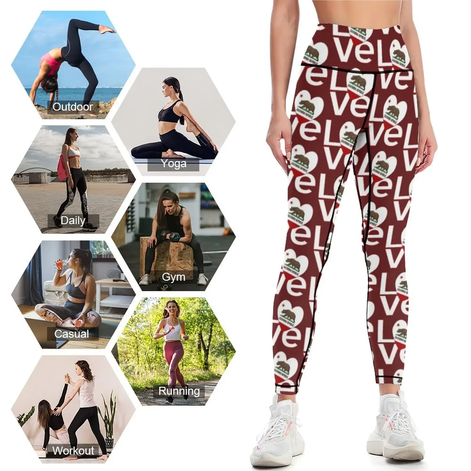 赤と白のカリフォルニアLOVEレギンス、女性用ハイウエストス - Yoga Fitness California のレビューと価格